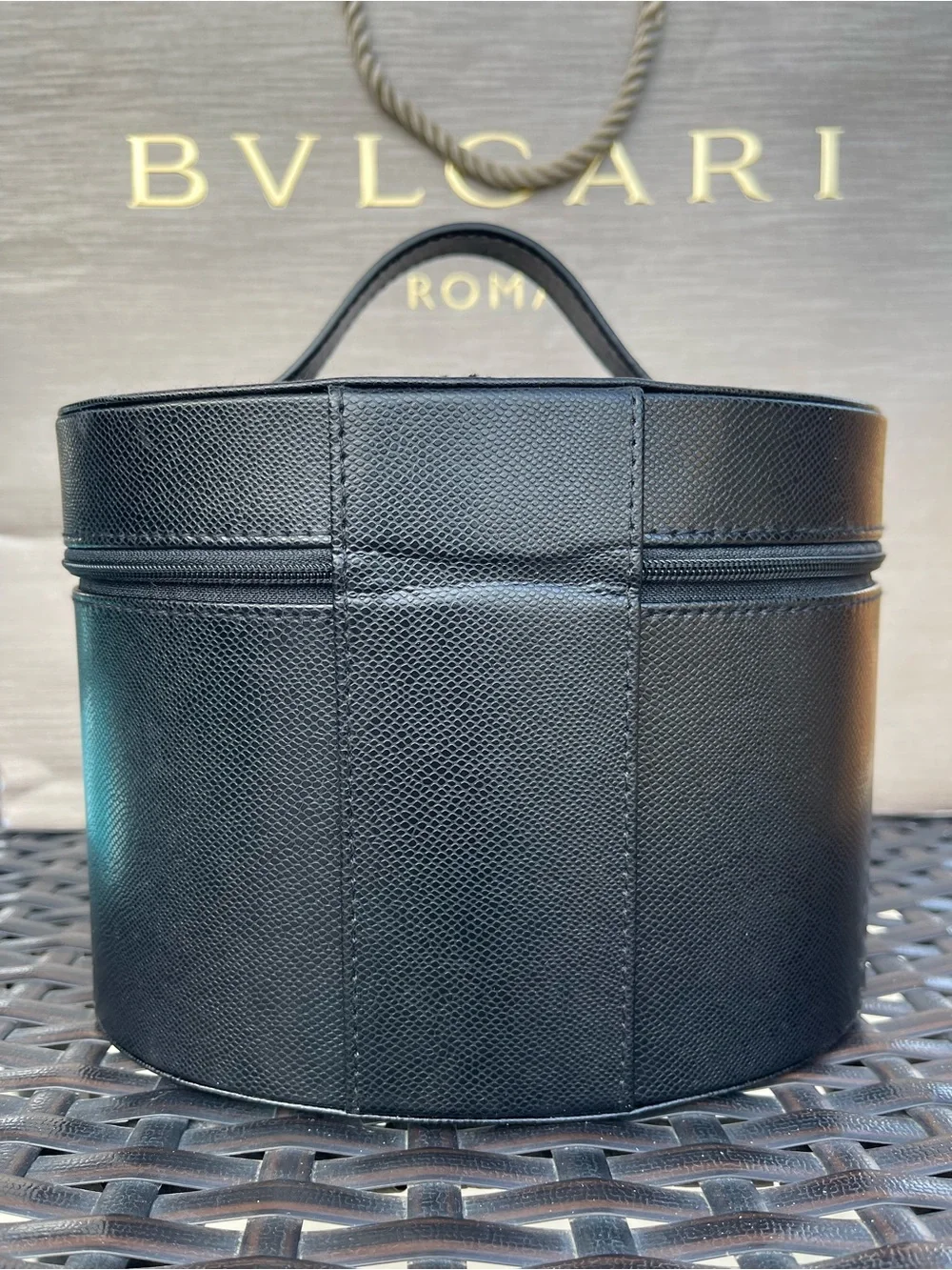 Bulgari Black Leather Round Vanity Case with Gold Hardware